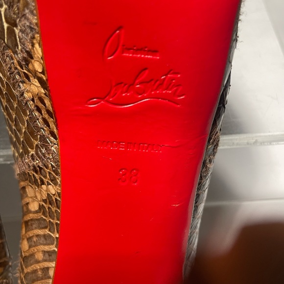 Christian Louboutin Brown Python platchawork banana peep toe platform sz 38 - Picture 11 of 16